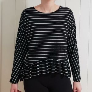 Black & White Striped Long Sleeve Top with Flounce and Low Back